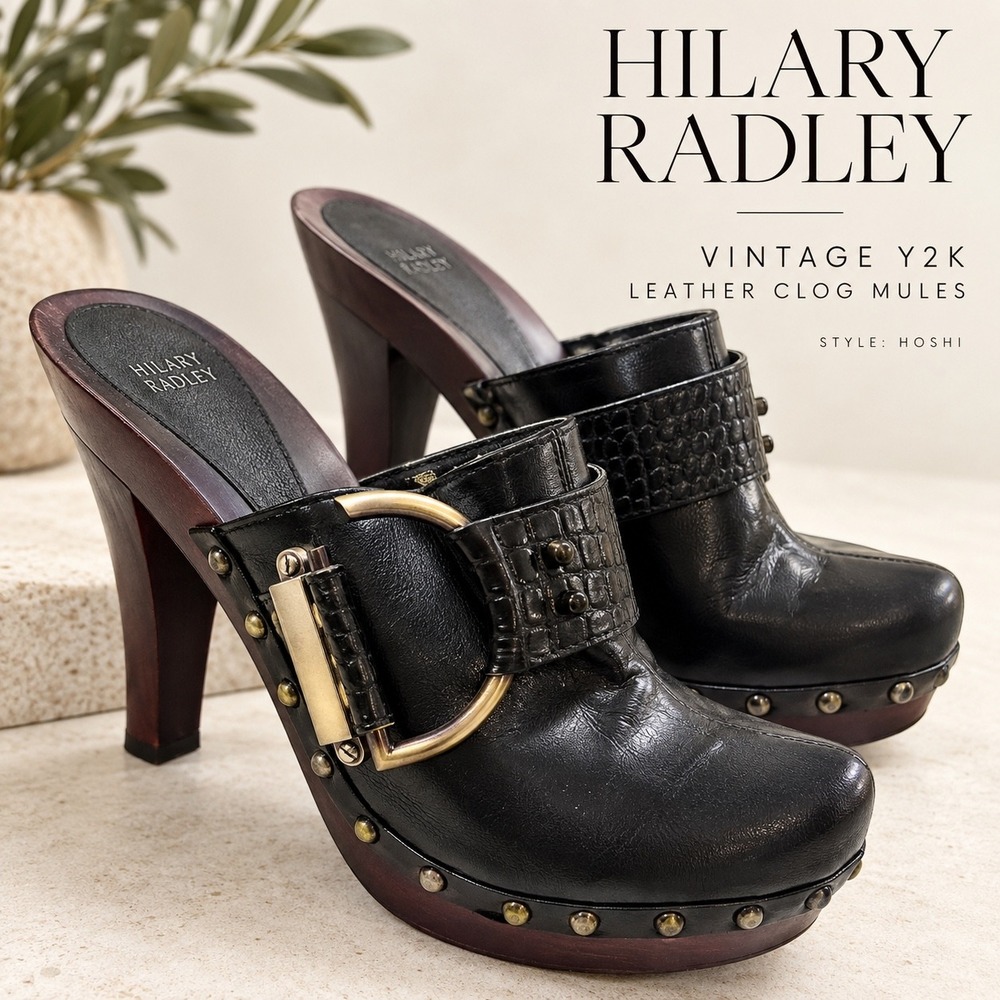 Hilary Radley Hoshi Vintage Y2K Black Leather Clog Mules Size 8M